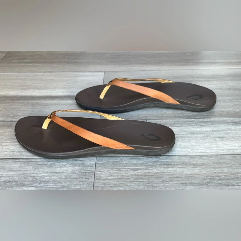 OluKai Ho'opio Leather Sandals Tapa / Golden Sand Women’s Size 9 - Picture 4 of 7
